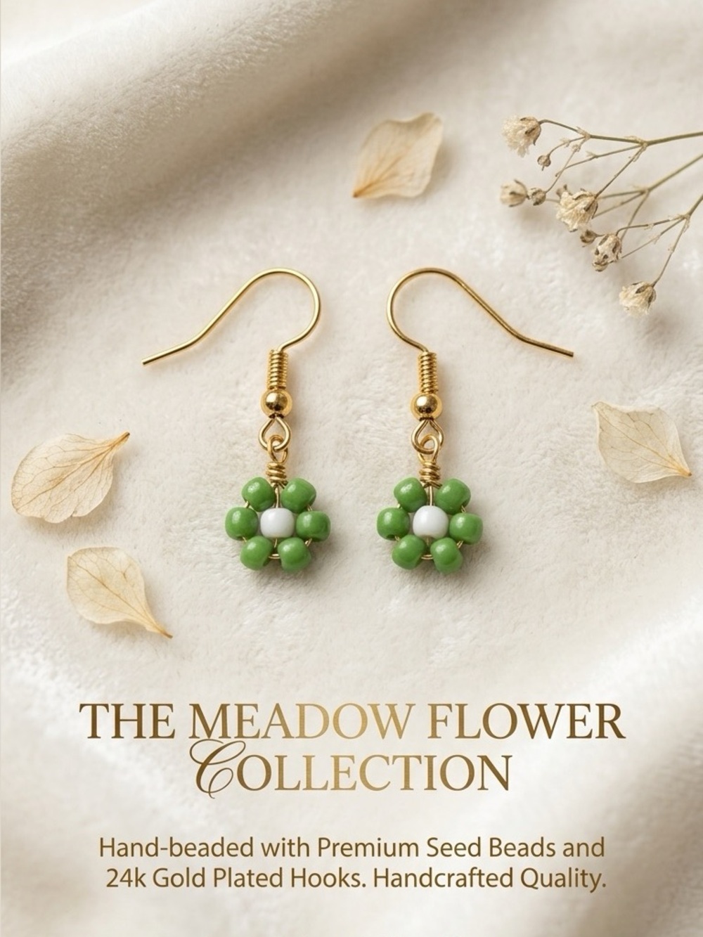 Green Beaded Earrings - Gold Plated Hooks